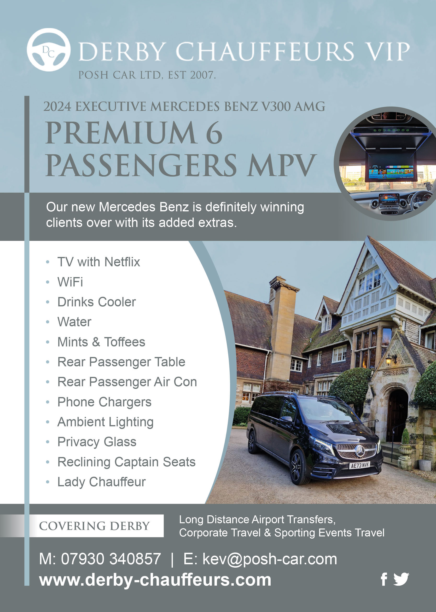 Derby Chauffeurs VIP leaflet for premium six-passenger MPV hire