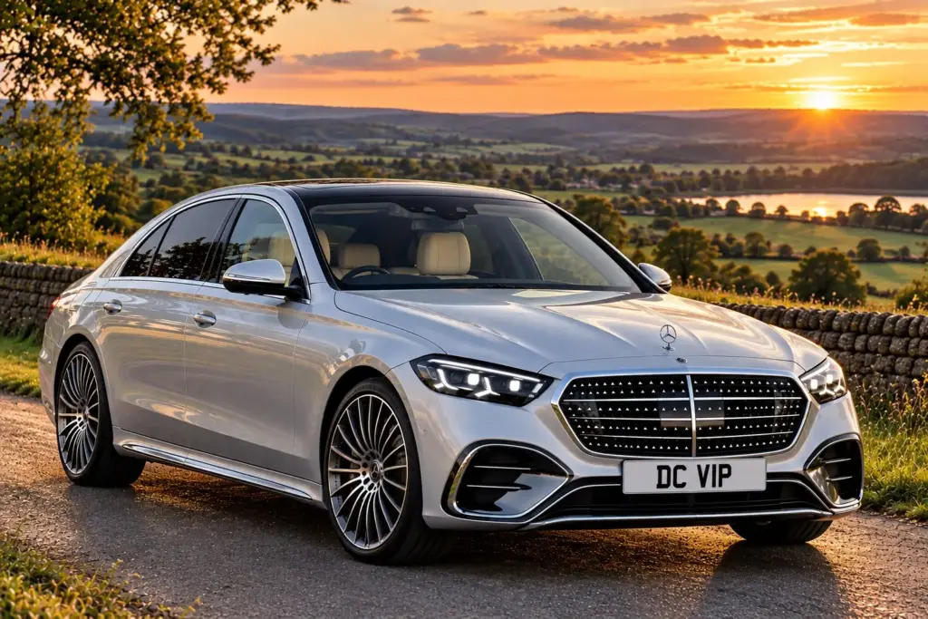 Silver Mercedes Benz S-Class saloon at sunset overlooking the Derbyshire countryside