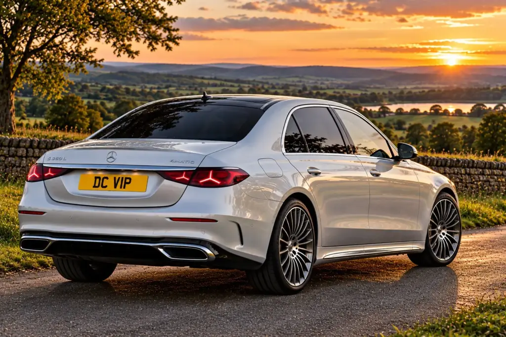 A silver Mercedes S350 L at sunset overlooking the Derbyshire countryside